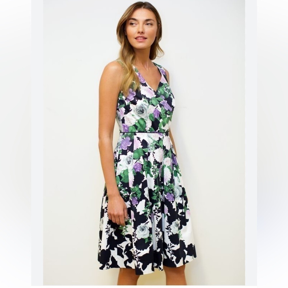 TALBOTS Oprah Purple green Floral Hydrangea Fit & Flare Sateen Dress Sz 8P